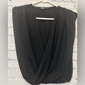 Zara Black Deep V Neck Drape Sleeveless Blouse